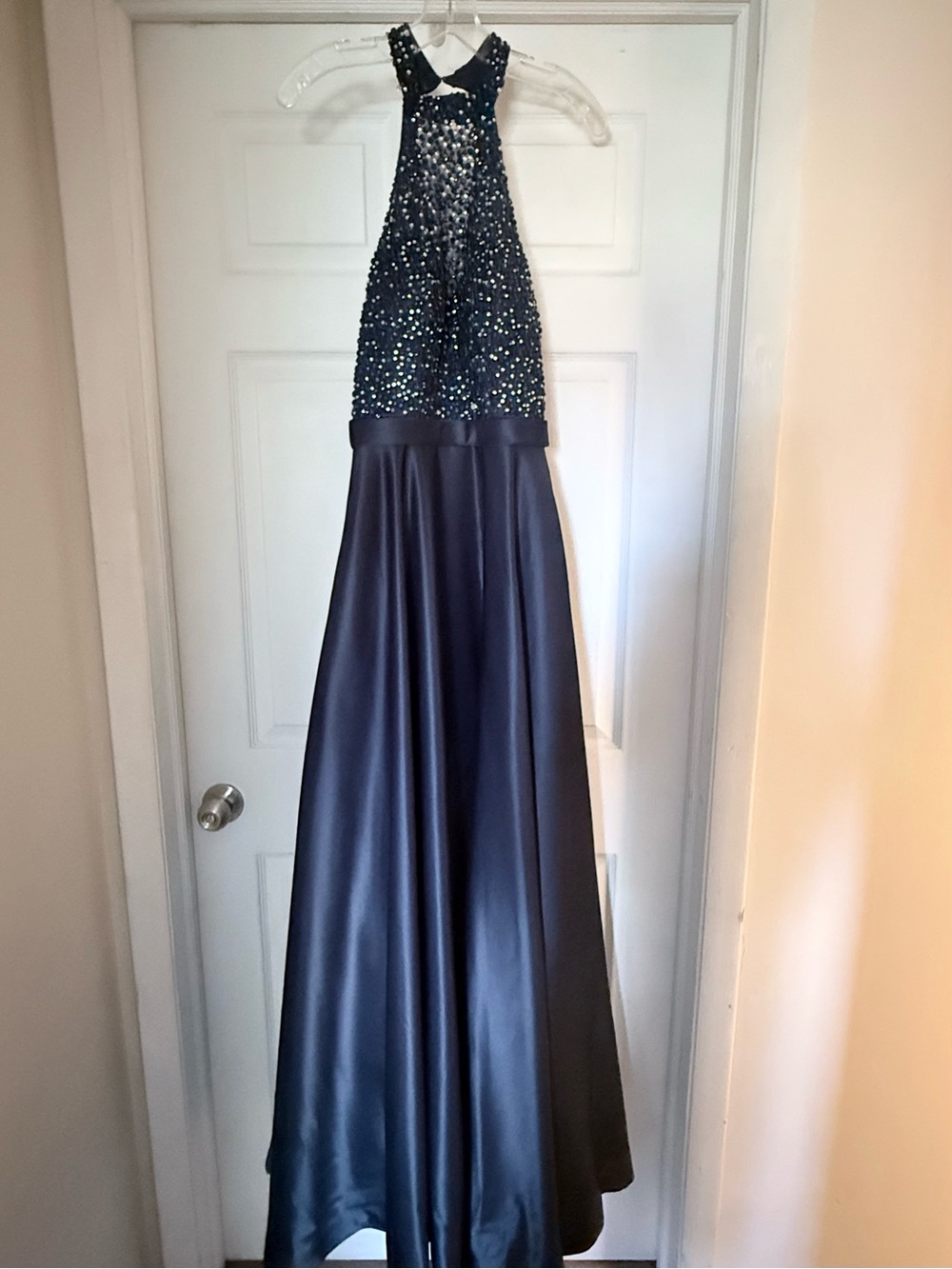 Mary's Bridal Formal Satin Navy Beaded Halter Maxi Dress - Size 10
